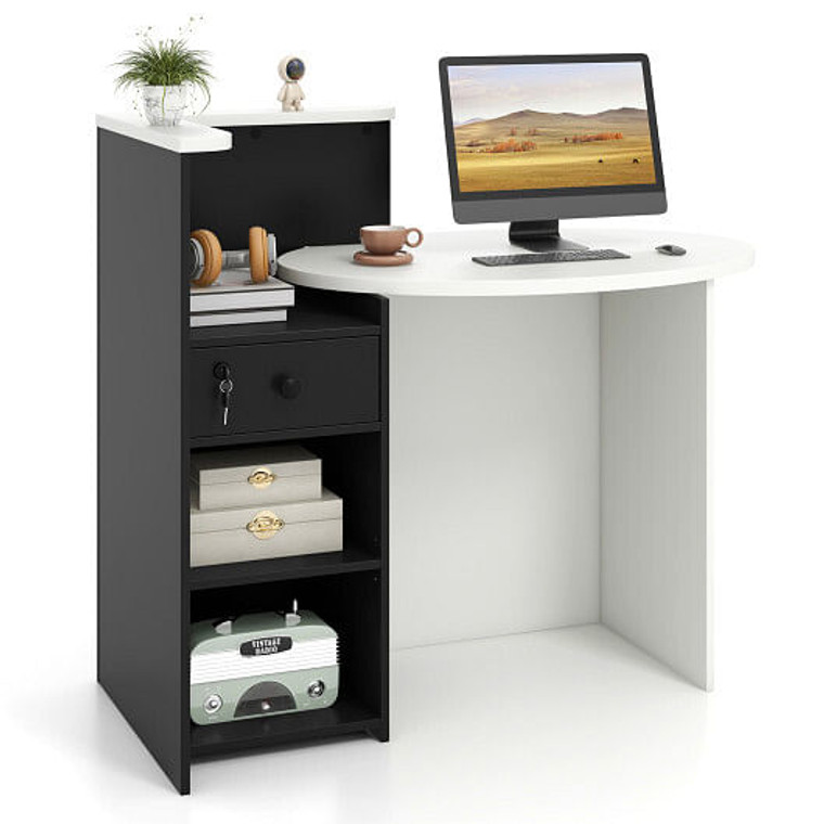 Reception Office Desk with Open Shelf and Lockable Drawer-Black - Color: Black D681-CB10404BS