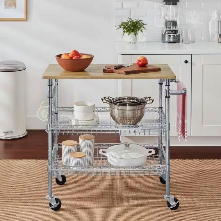 Kitchen Island Cart with Wood Top and 2 Bottom Storage Shelves on Wheels Q280-CNWTSKC782614927