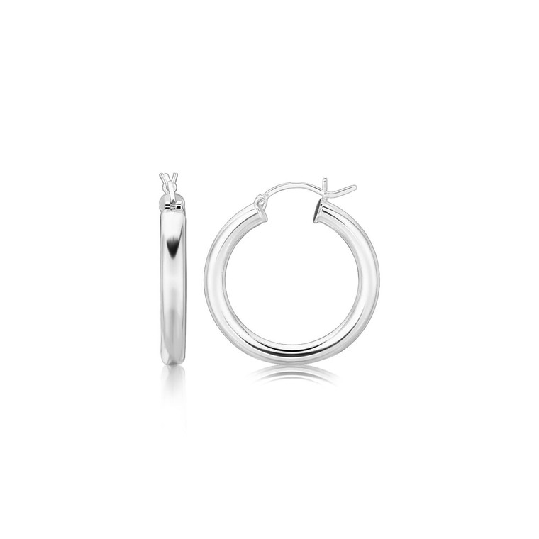 Sterling Silver Rhodium Plated Thick Style Polished Hoop Earrings (4x25mm) P150-31770