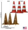 Life-size cardboard standee of construction cones (set of 3)  with back and front dimensions.