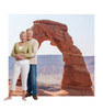 Life-size cardboard standee of a Delicate Arch Backdrop with models.