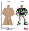 Life-size cardboard standee of Buzz Lightyear with back and front dimensions.