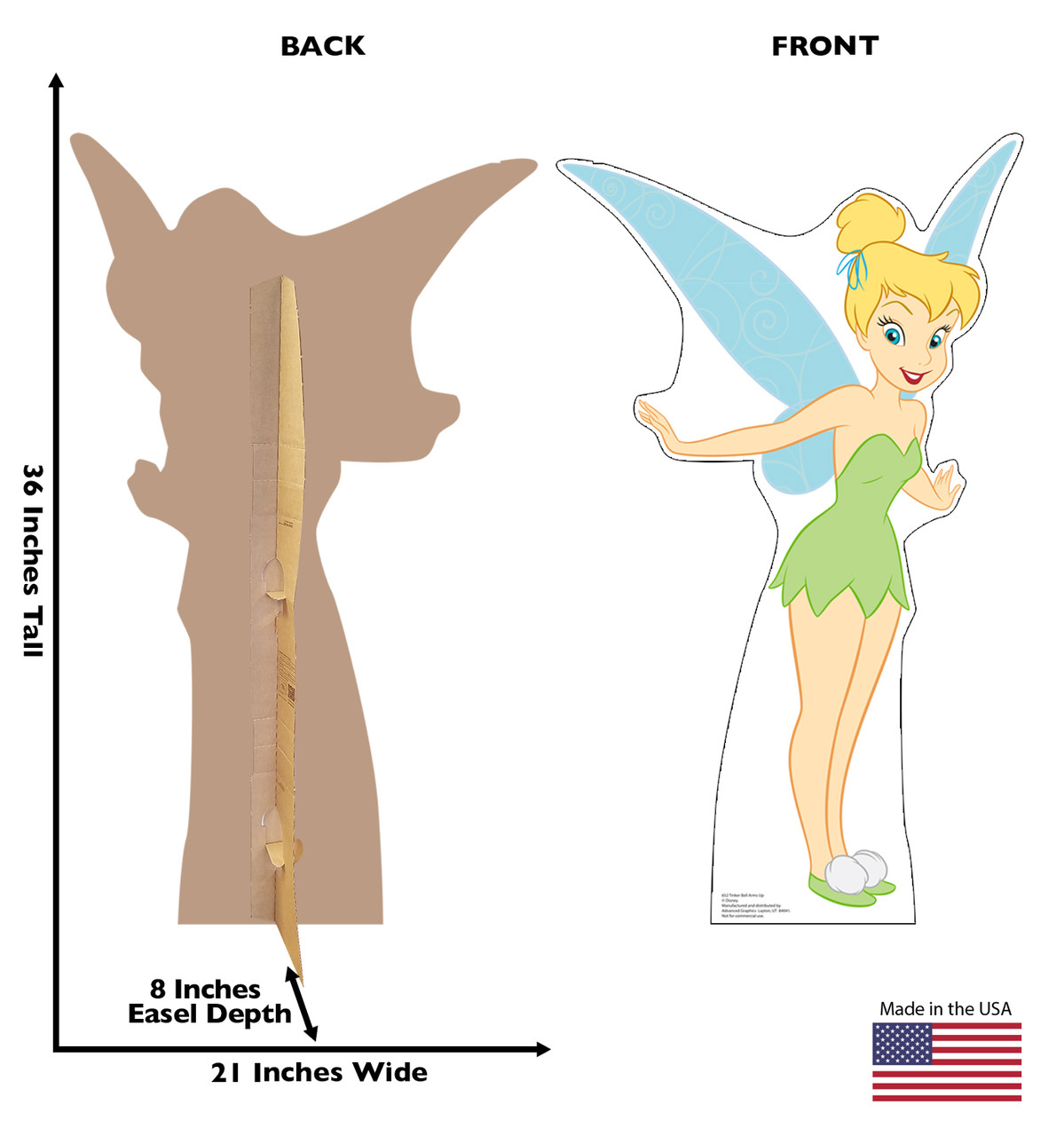Life-size cardboard standee of Tinker Bell Arms Up with back and front dimensions.
