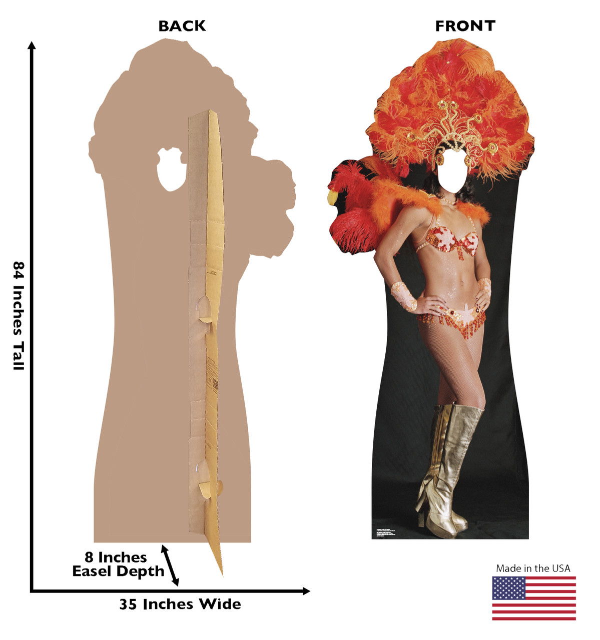 Life-size cardboard standin of a Vegas Show Girl with front and back dimensions.