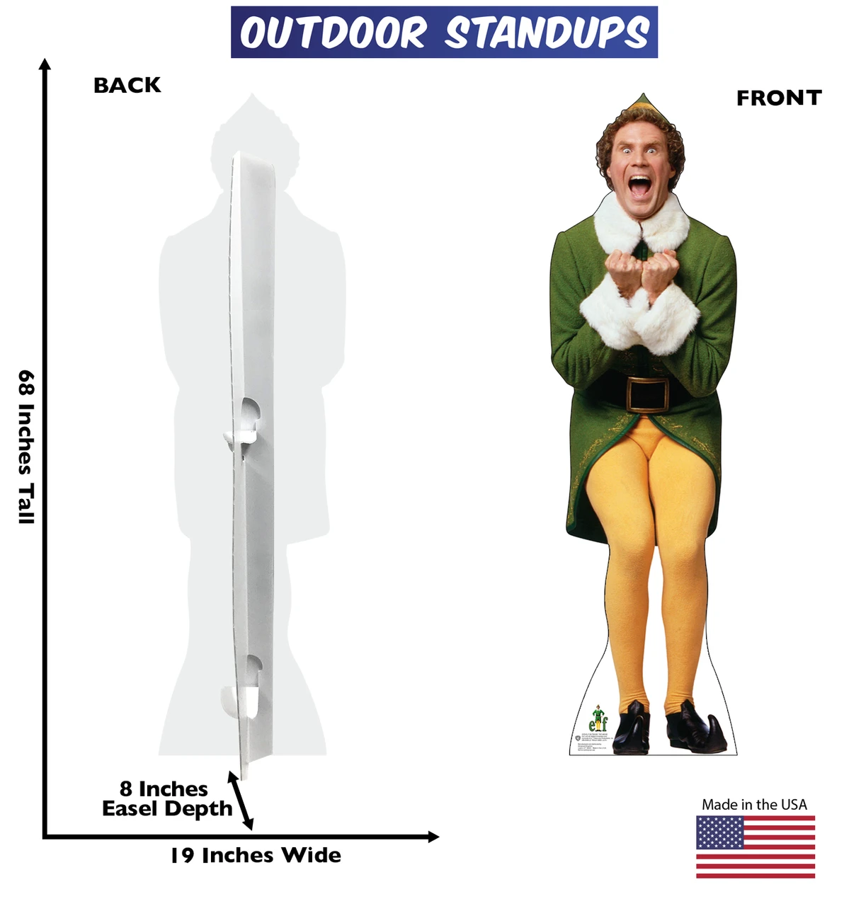Will Ferrell Elf Christmas Outdoor Cutout Christmas Decor Cutout with front and back dimensions.