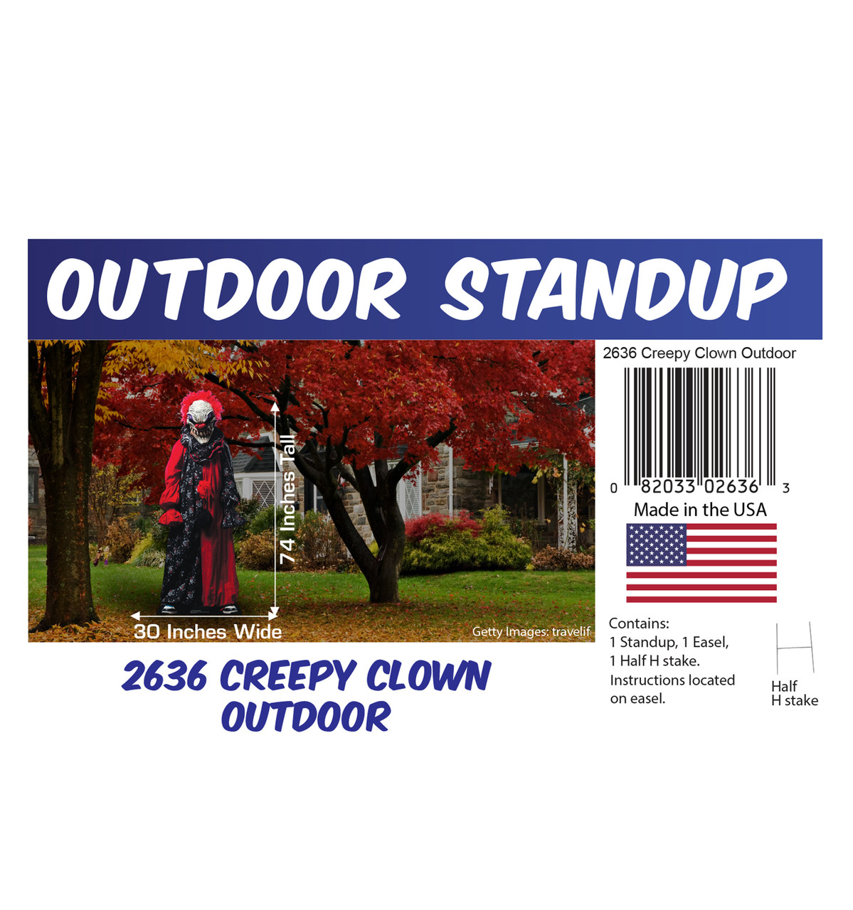 Creepy Clown outdoor standee with setting, dimensions, UPC and list of items included.