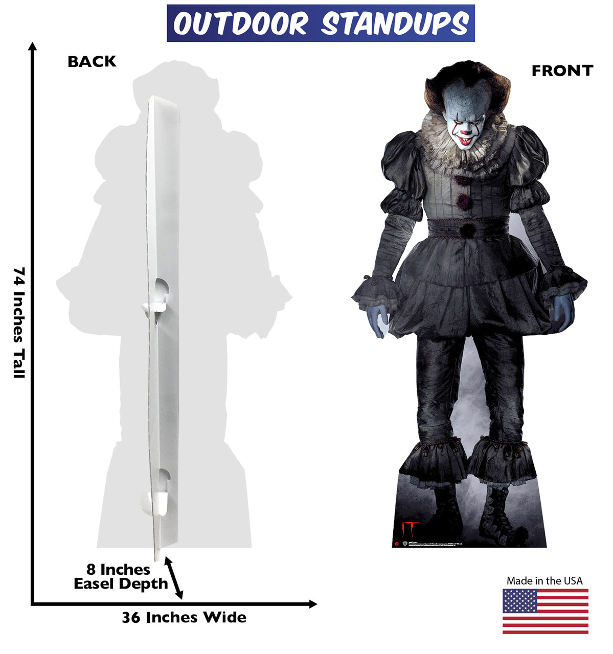 Pennywise "IT" outdoor standee with back and front dimensions.