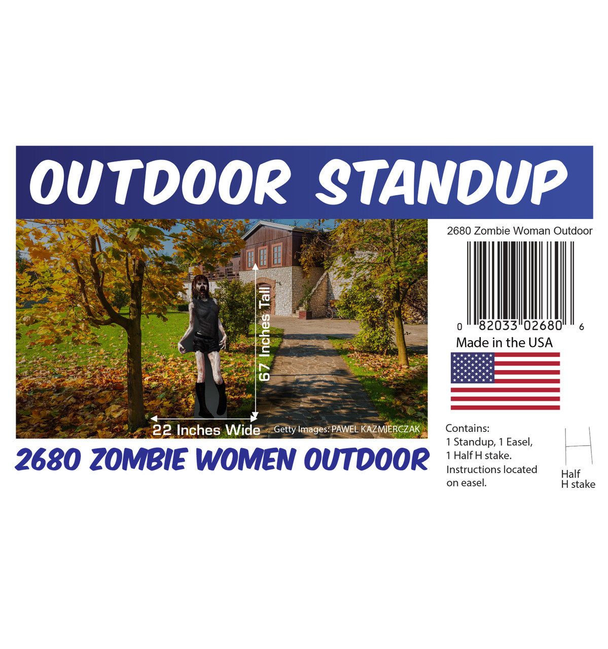 Zombie Woman outdoor standee with setting, dimensions, UPC and list of items included.