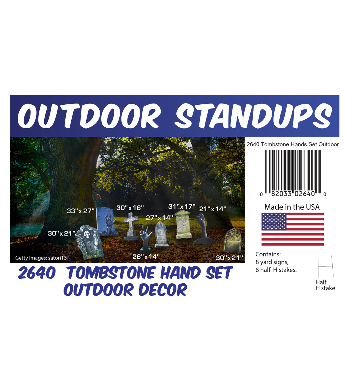 Tombstone and Hands Set Outdoor Decor with setting, dimensions and list of items included.