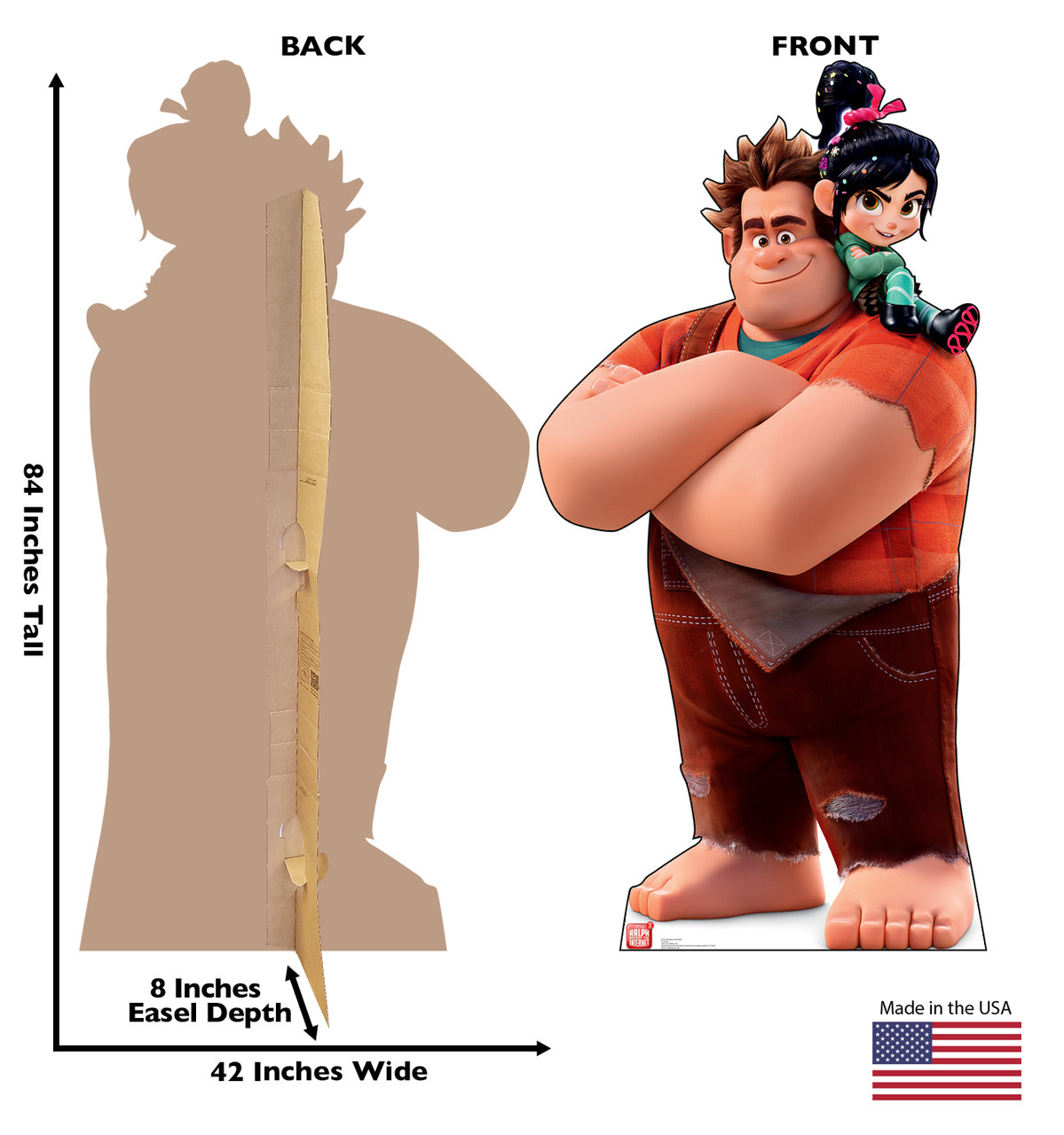 Life-size cardboard standee of Vanellope and Ralph from Wreck-It-Ralph 2 with back and front dimensions.