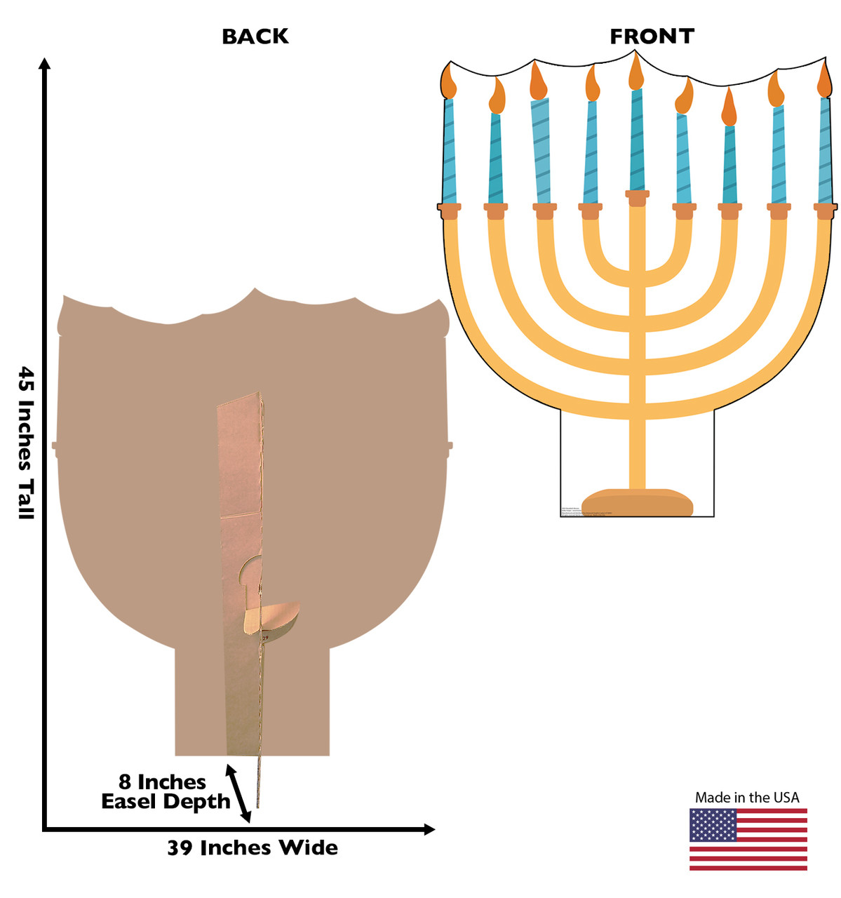 Life-size cardboard standee of Hannukkah Menora. View of back and front of standee with dimensions.