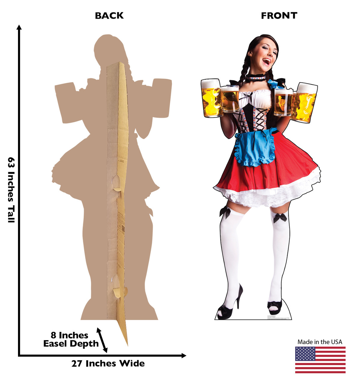 Life-size cardboard standee of a Bar Maiden in Red Skirt with back and front dimensions.