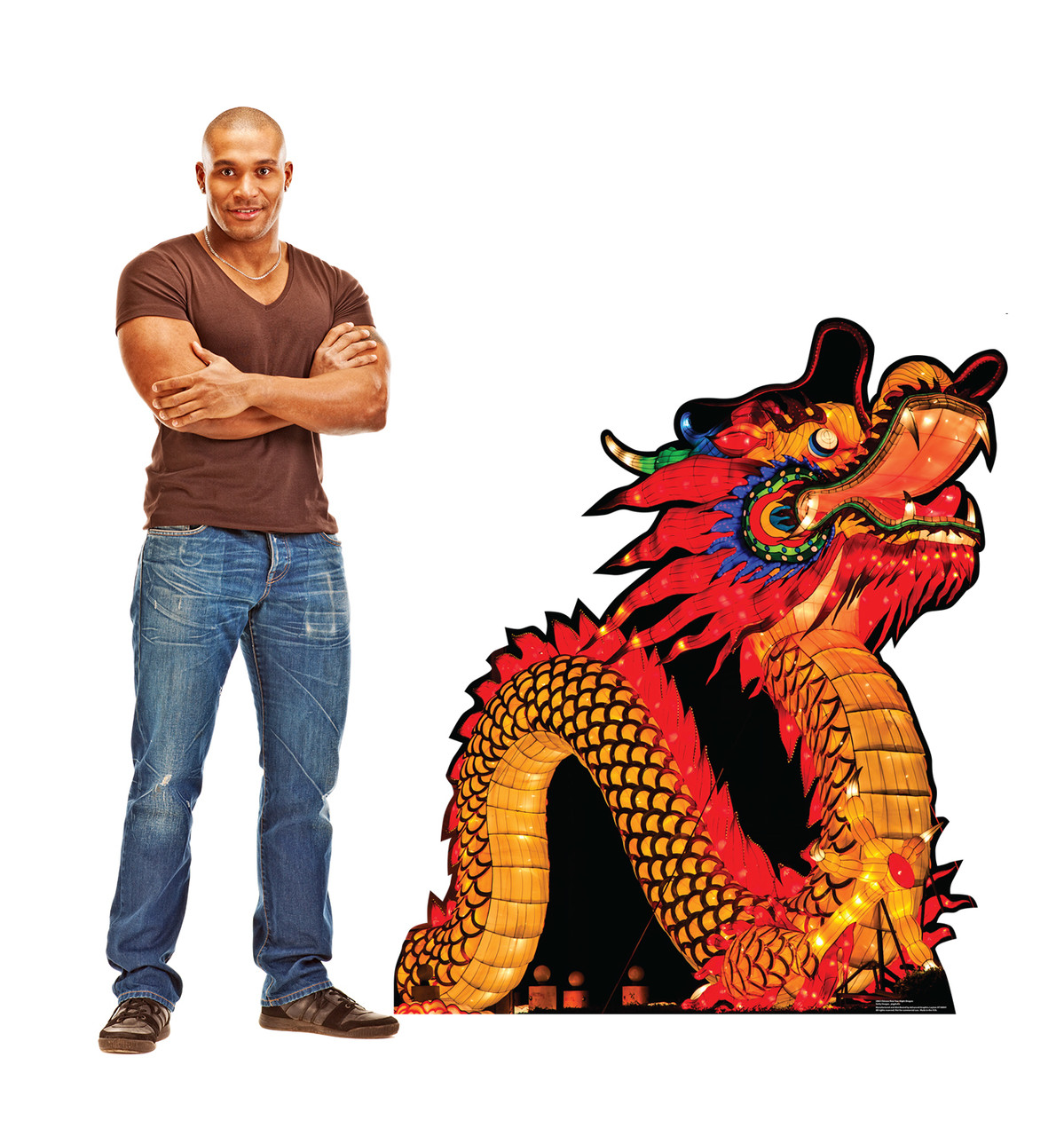 Life-size cardboard standee of a Chinese New Year Night Dragon with model.
