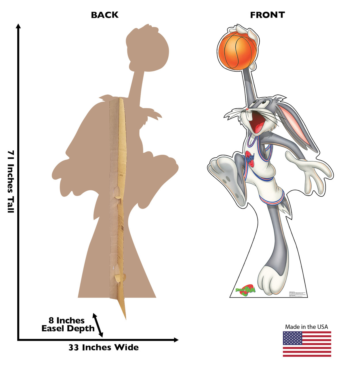 Life-size cardboard standee of Bugs Bunny from Space Jam with front and back dimensions.