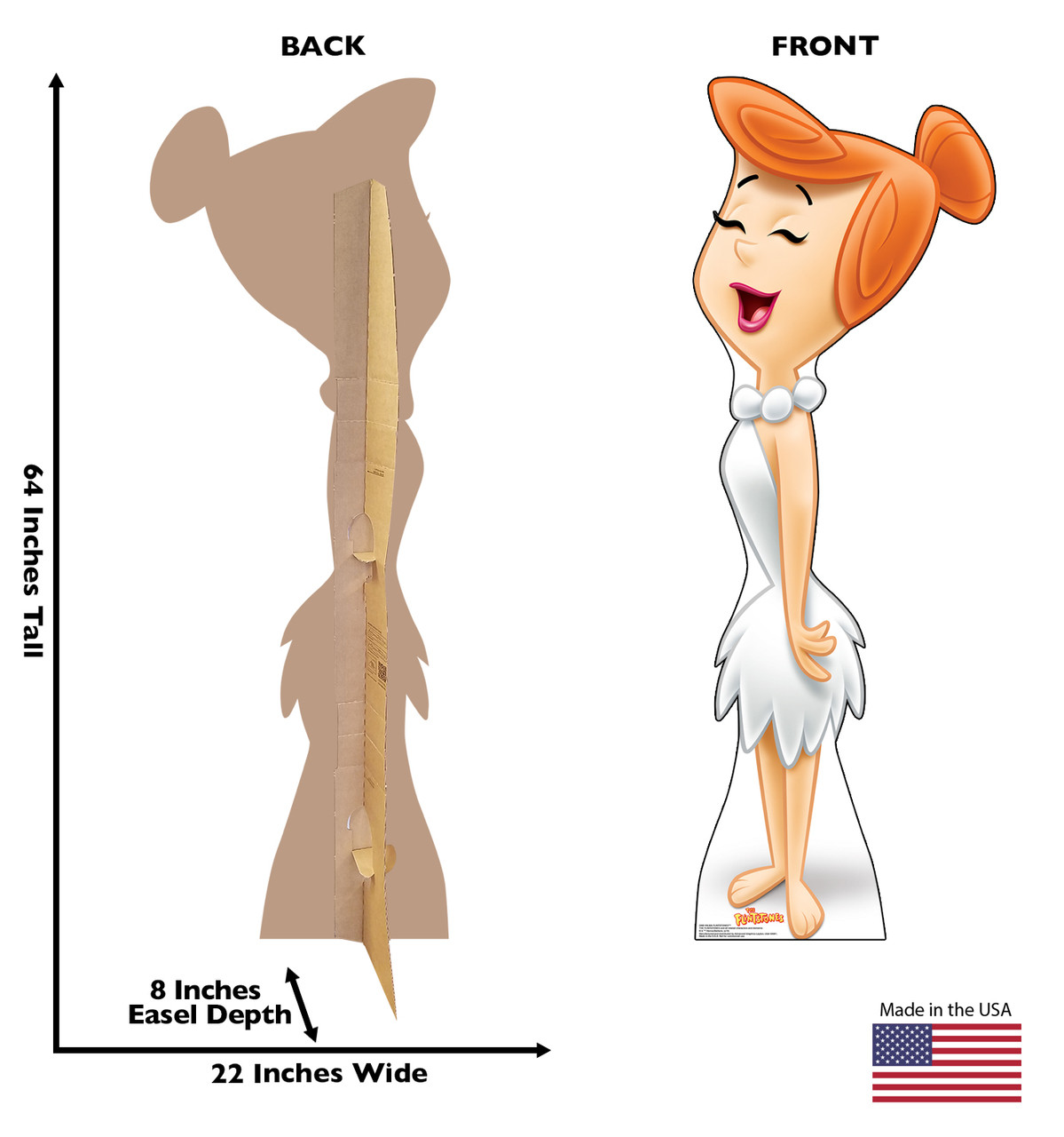 Life-size cardboard standee of Wilma Flintstone with front and back dimensions.