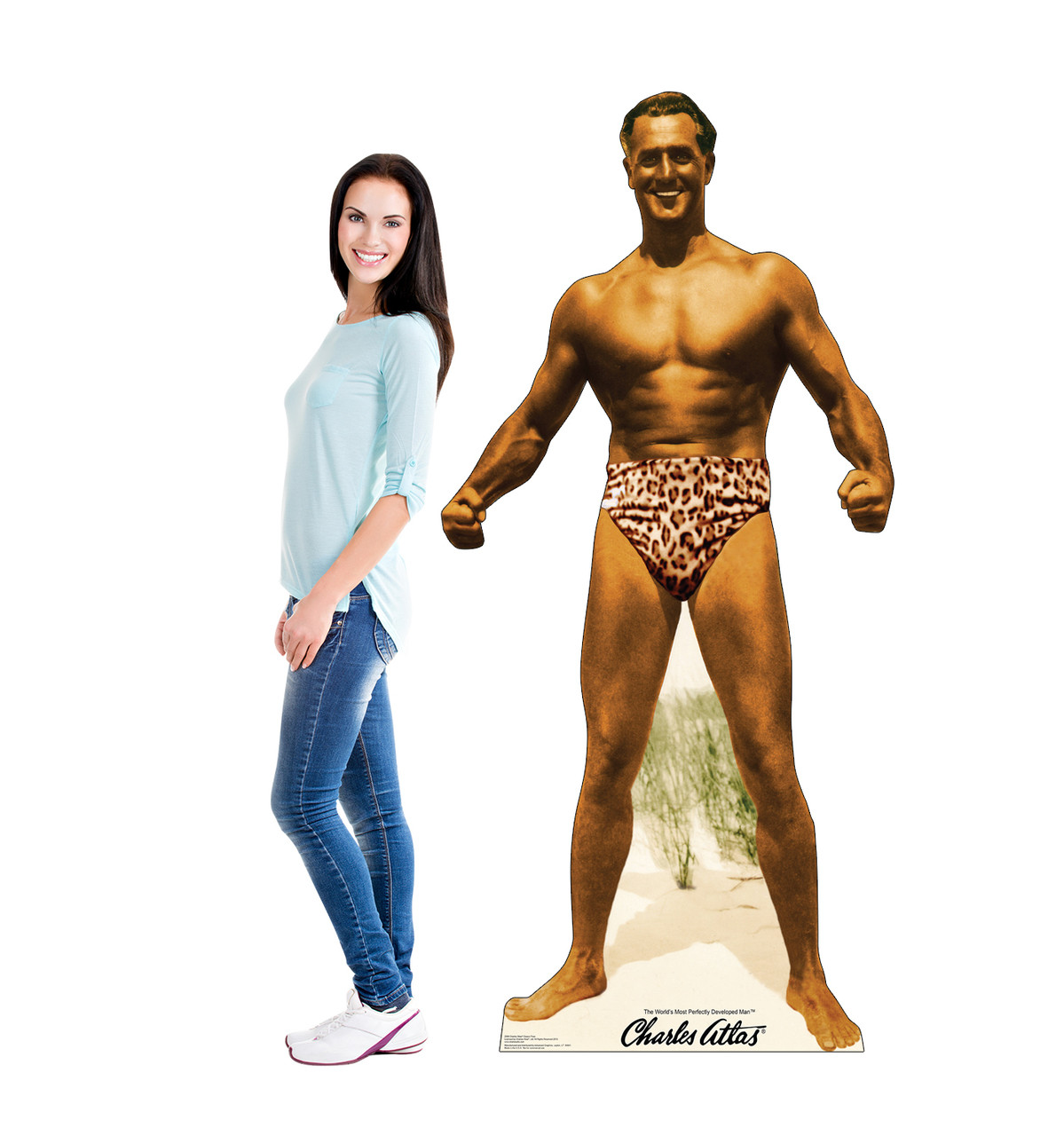 Life-size cardboard standee of Charles Atlas bodybuilder with model.