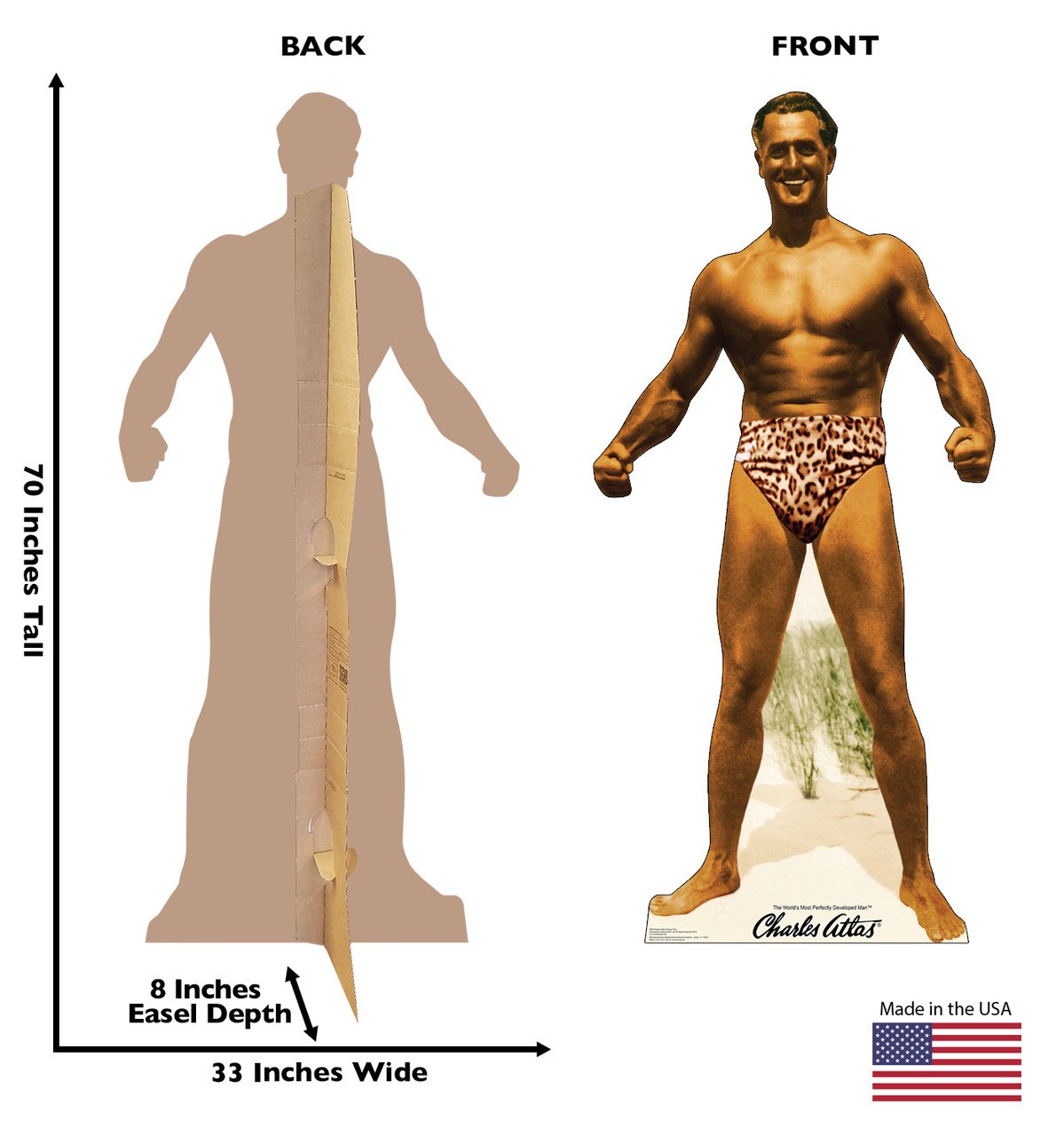 Life-size cardboard standee of Charles Atlas bodybuilder with back and front dimensions.