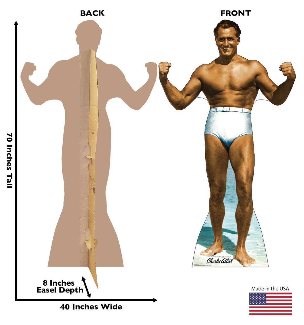 Life-size cardboard standee of Charles Atlas bodybuilder with back and front dimensions.