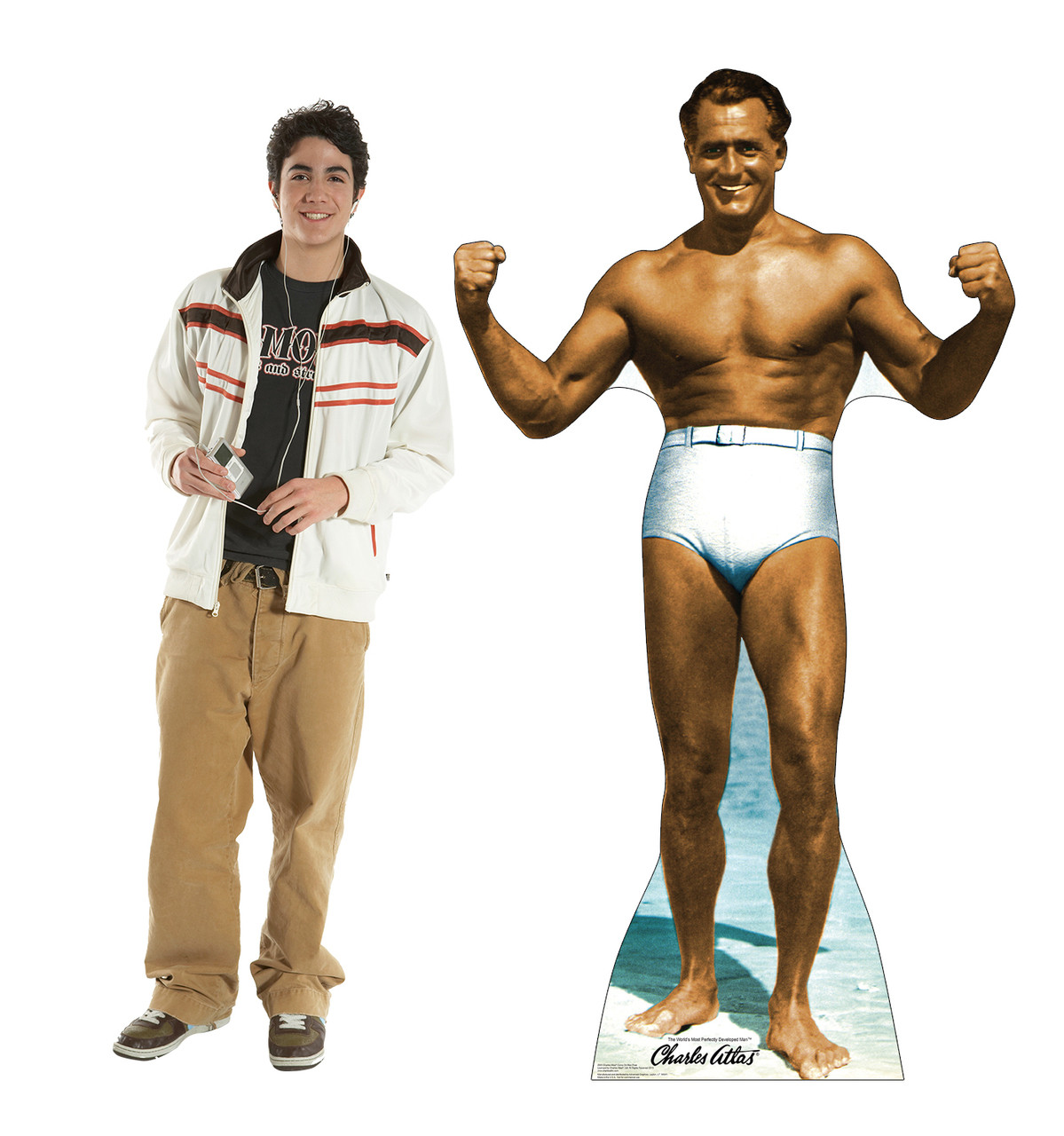 Life-size cardboard standee of Charles Atlas bodybuilder with model.