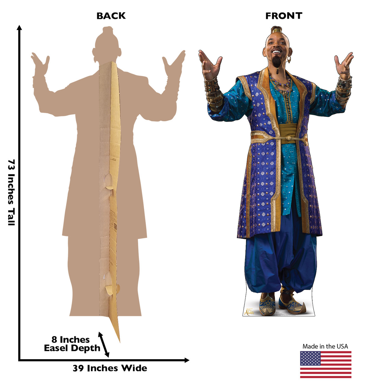 Life-size cardboard standee of Genie from the Disney live action Aladdin movie with front and back dimensions.