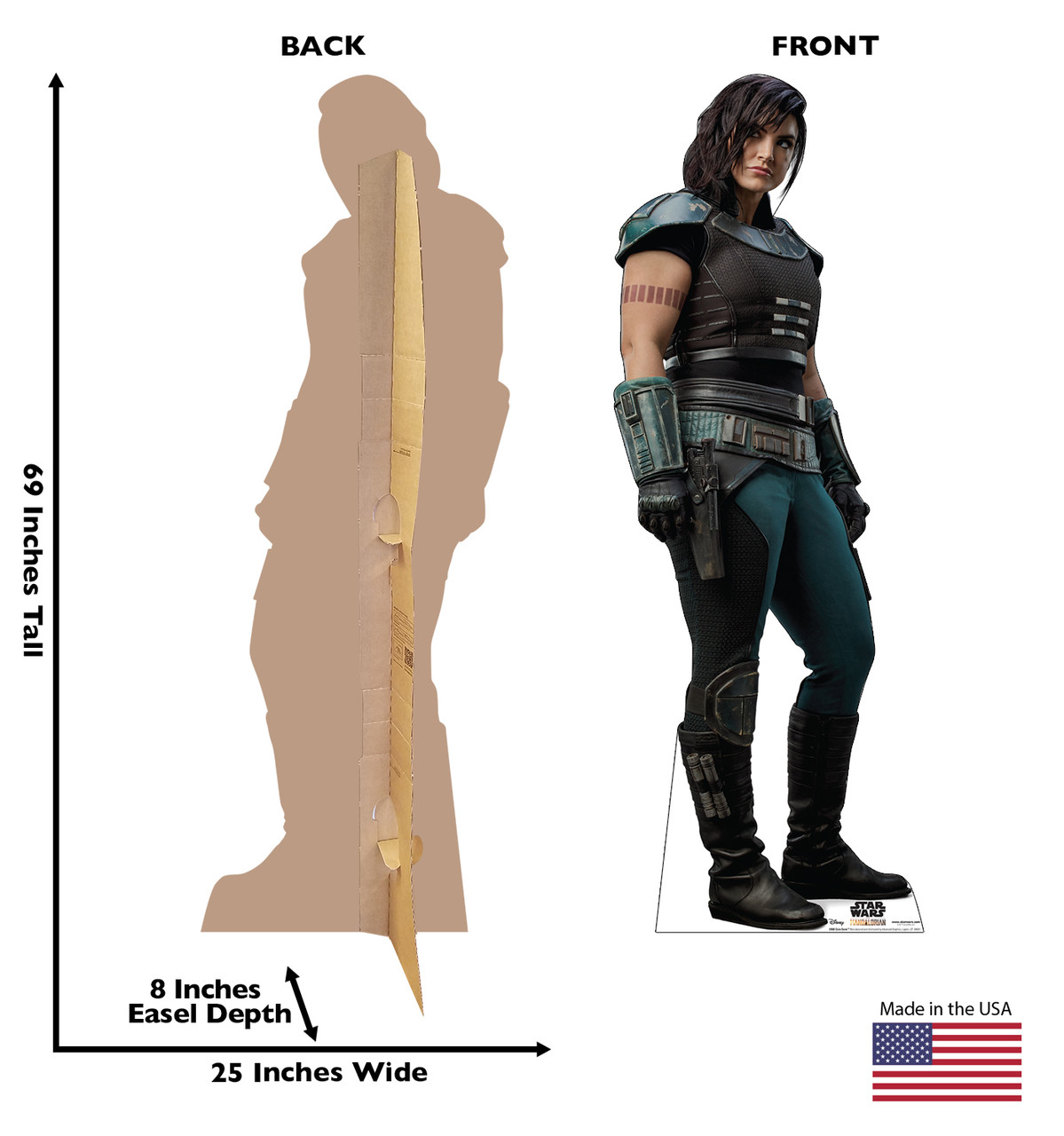 Life-size cardboard standee of Cara Dune fromThe Mandalorian with back and front dimensions.