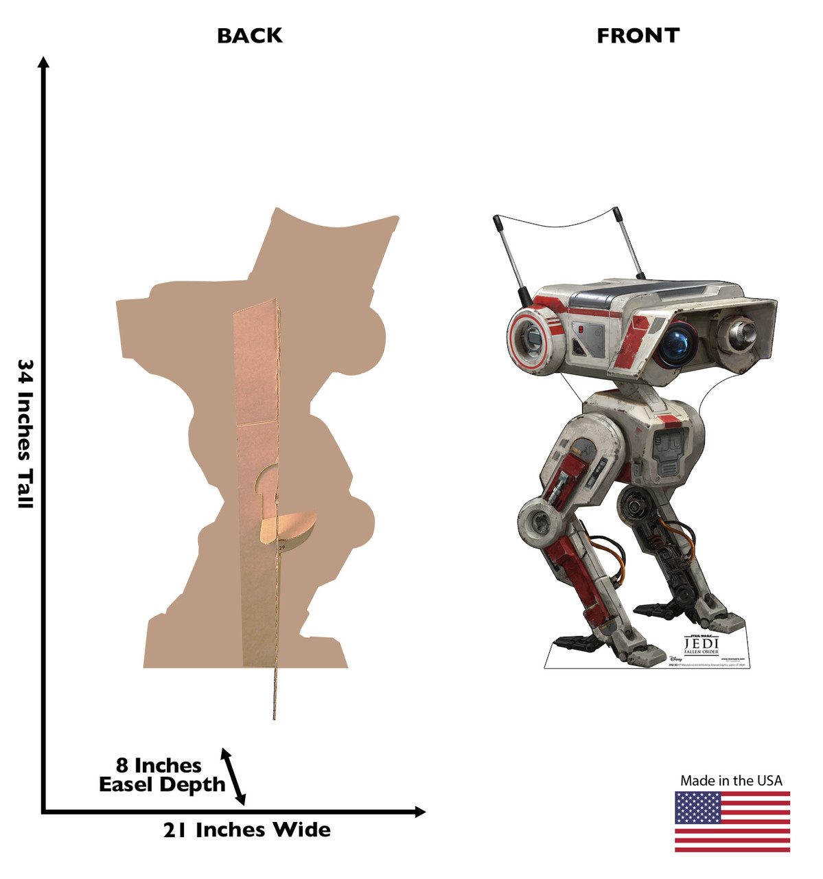 Life-size cardboard standee of BD-1 from Jedi Fallen Order with back and front dimensions.