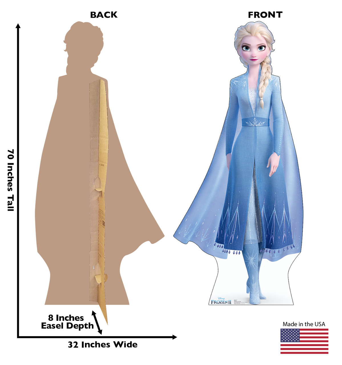 Life-size cardboard standee of Elsa from Disney's Frozen 2) with back and front dimensions.