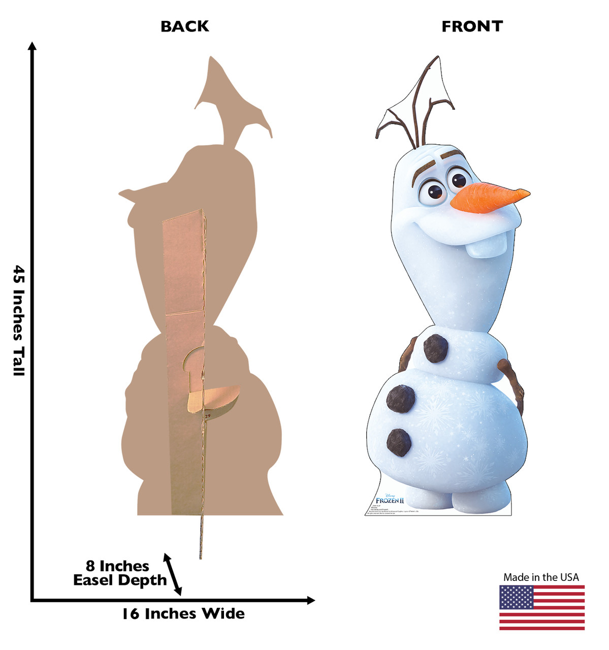 Life-size cardboard standee of Olaf from Disney's Frozen 2) with back and front dimensions.