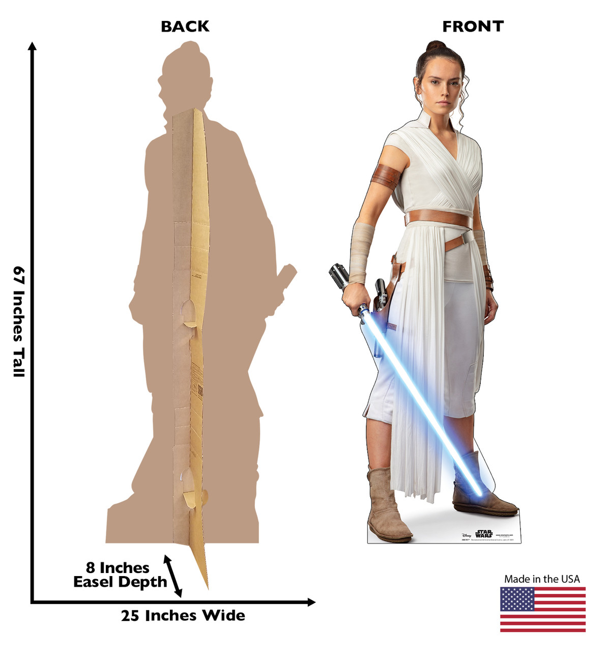 Life-size cardboard standee of Rey™ (Star Wars IX) with back and front dimensions.