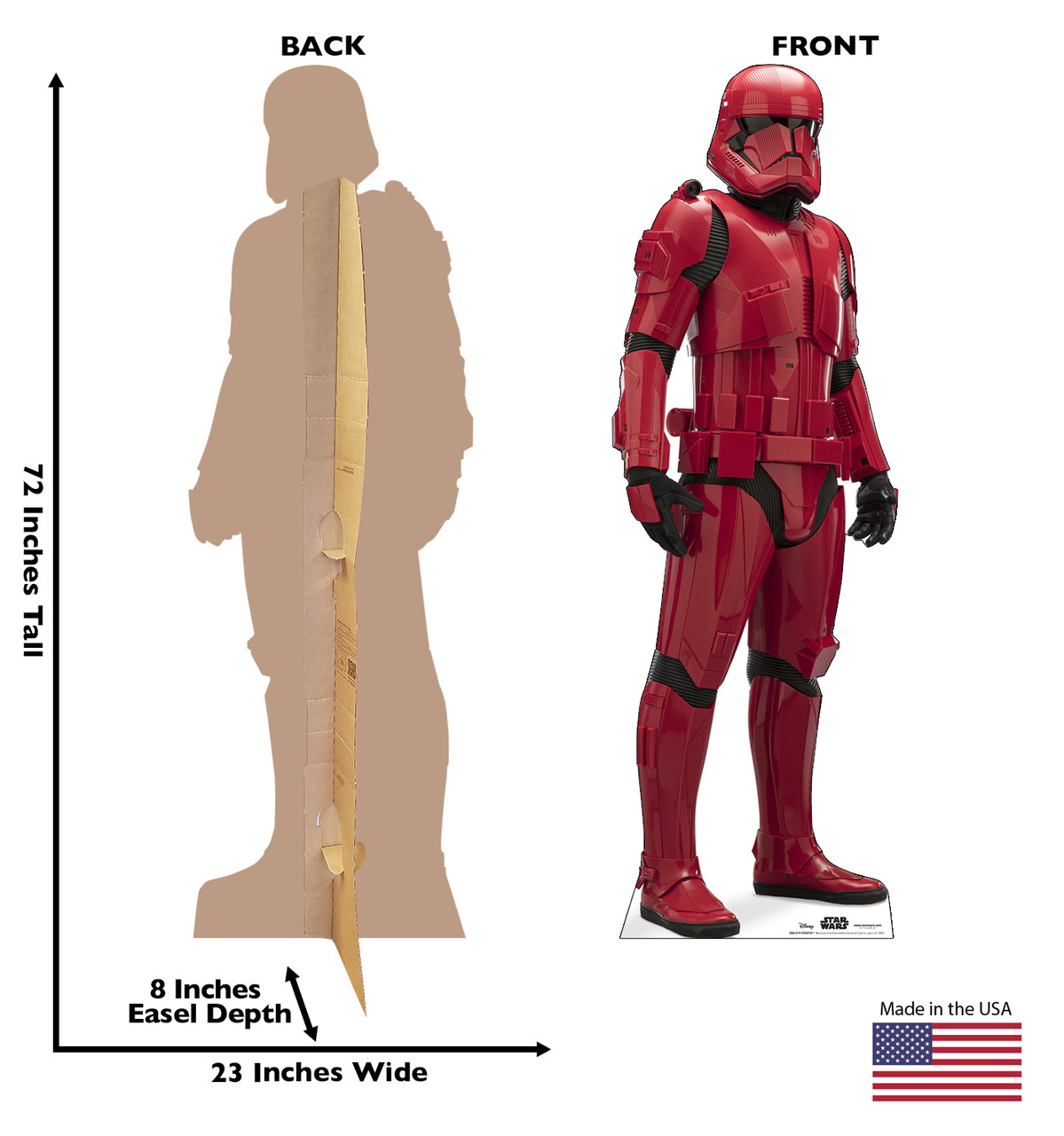 Life-size cardboard standee of Sith Trooper™ (Star Wars IX) with back and front dimensions.