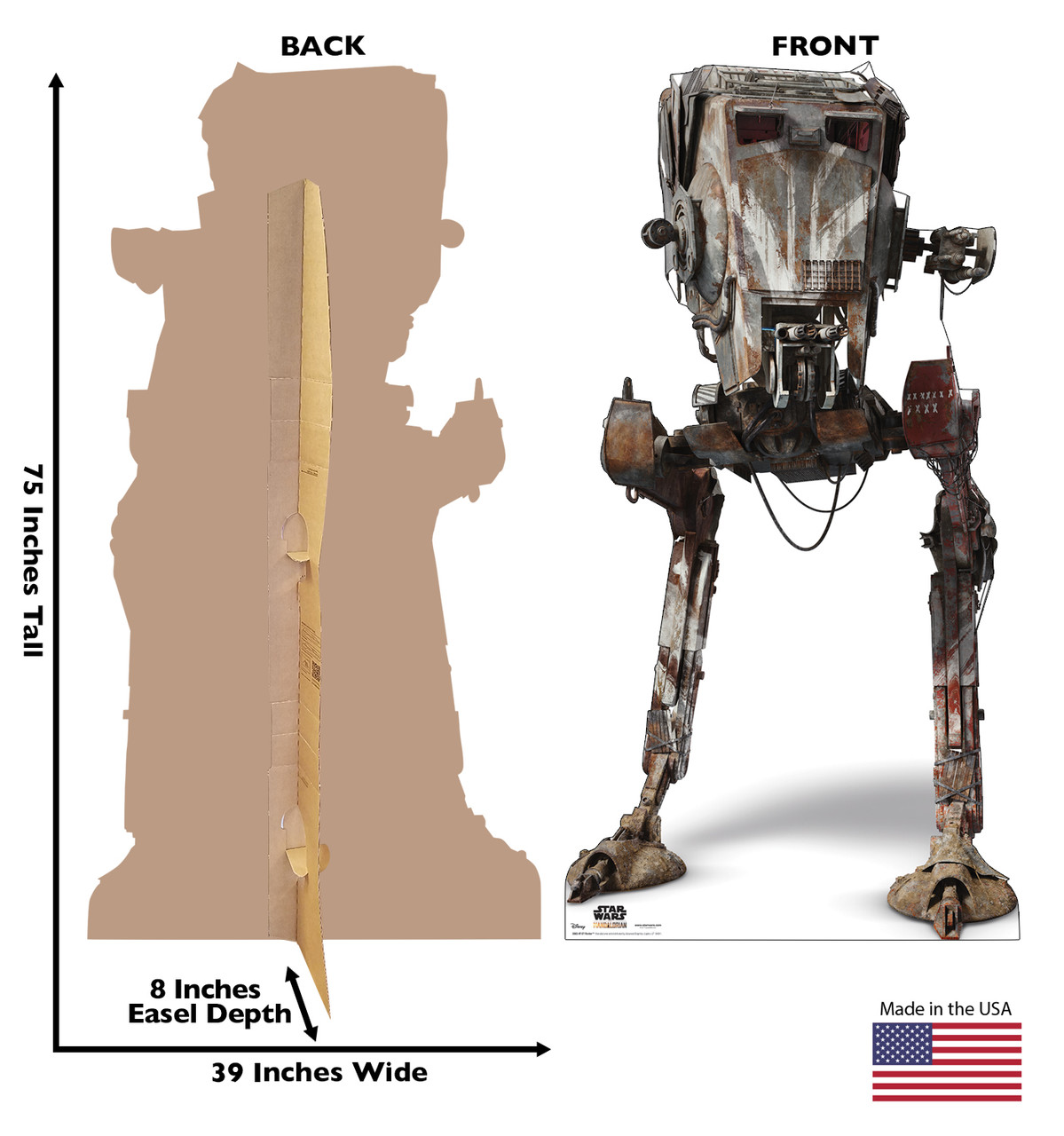Life-size cardboard standee of AT-ST Raider from The Mandalorian with back and front dimensions. 