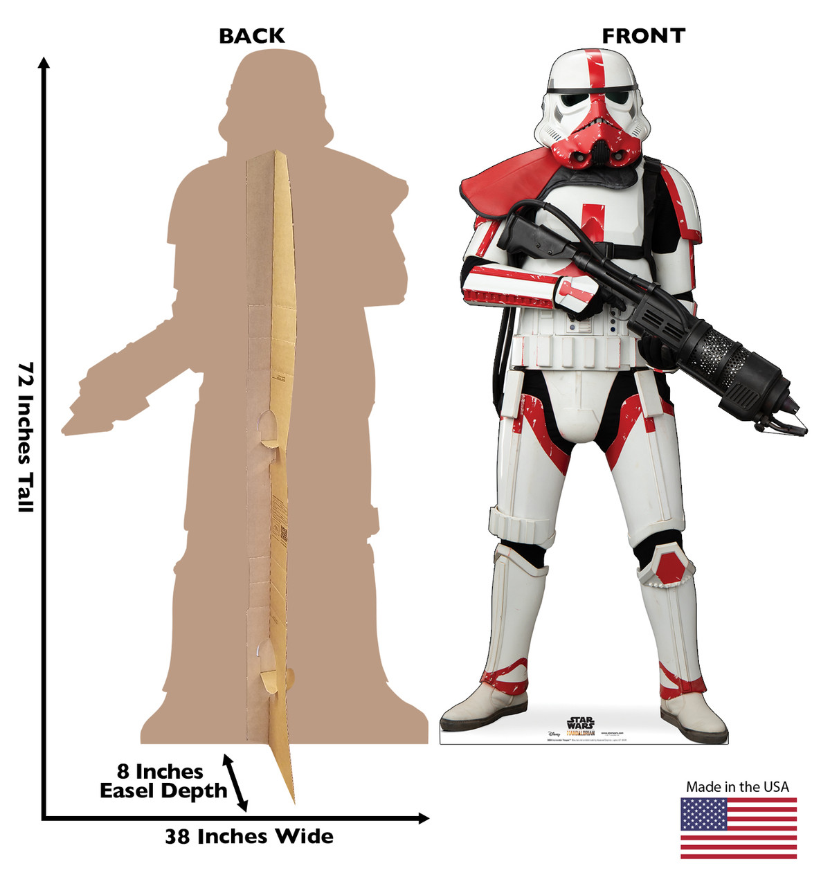 Life-size cardboard standee of Incinerator Trooper from The Mandalorian with back and front dimensions. 