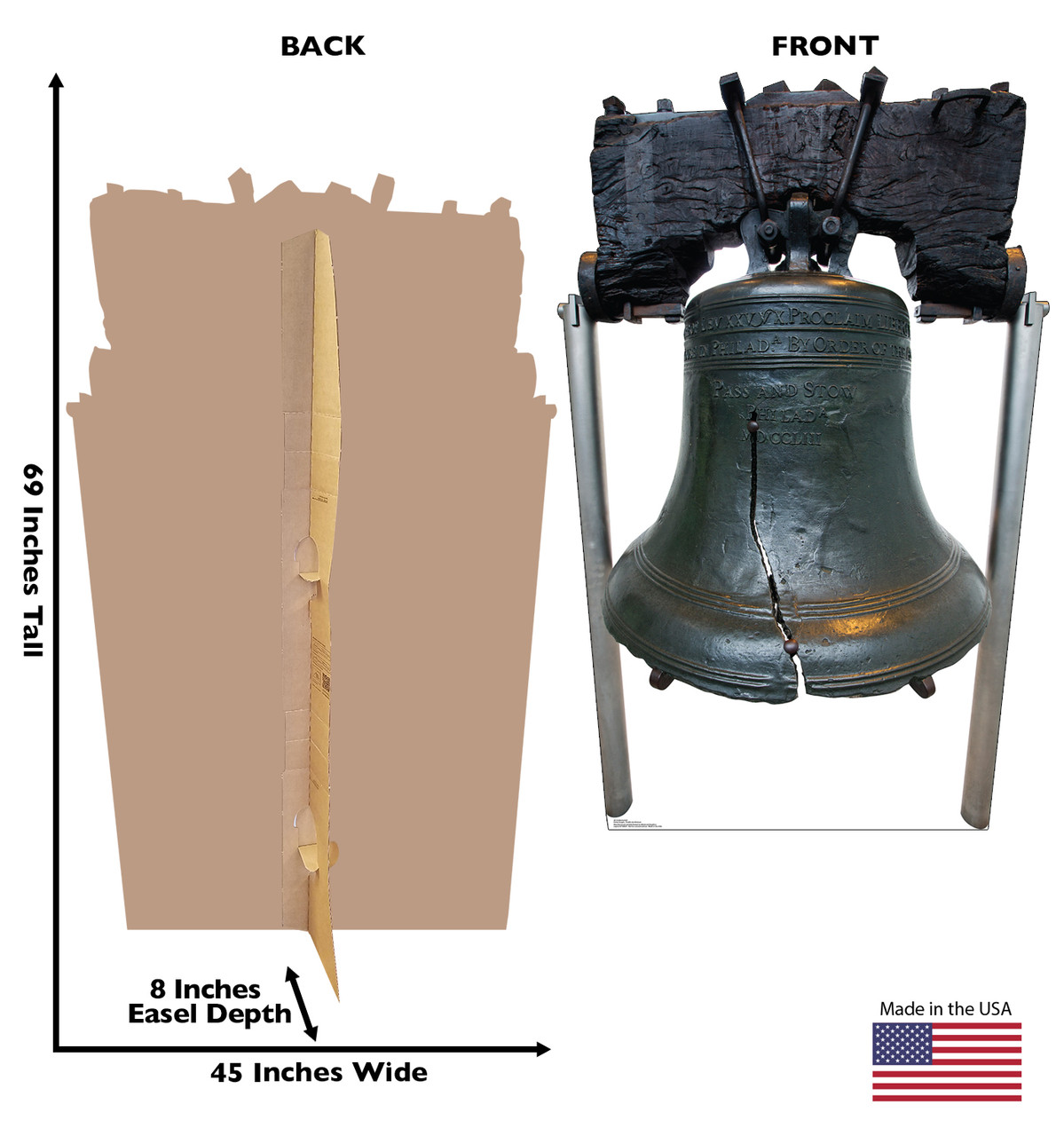 Life-size cardboard standee of the Liberty Bell with front and back dimensions.
