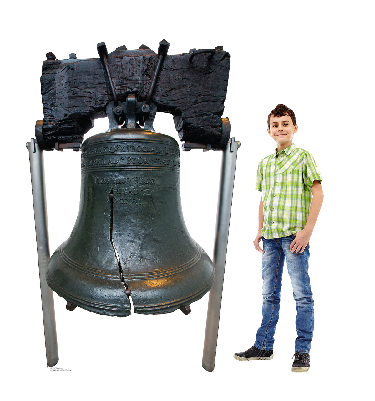 Life-size cardboard standee of the Liberty Bell with model.