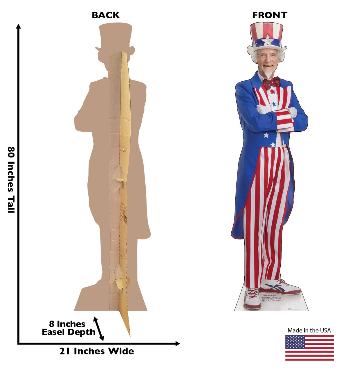 Life-size cardboard standee of Uncle Sam, back and front with dimensions.