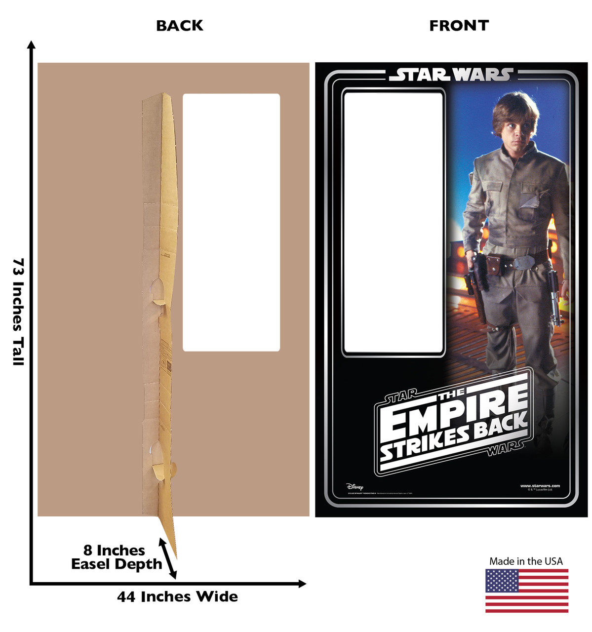 Life-size cardboard standin of Luke Skywalker Packaging. Celebrating 40 years, with front and back dimensions.
