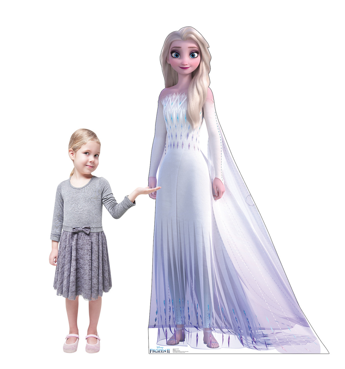 Life-size cardboard standee of Elsa Epilogue Gown from Disney's Frozen 2 with model.