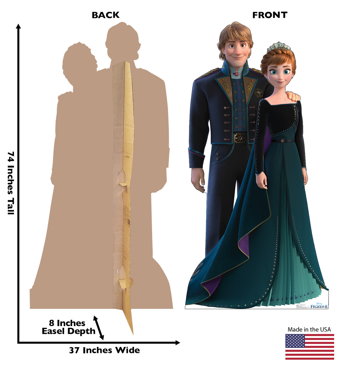 Life-size cardboard standee of Anna and Kristoff from Disney's Frozen 2 with back and front dimensions.