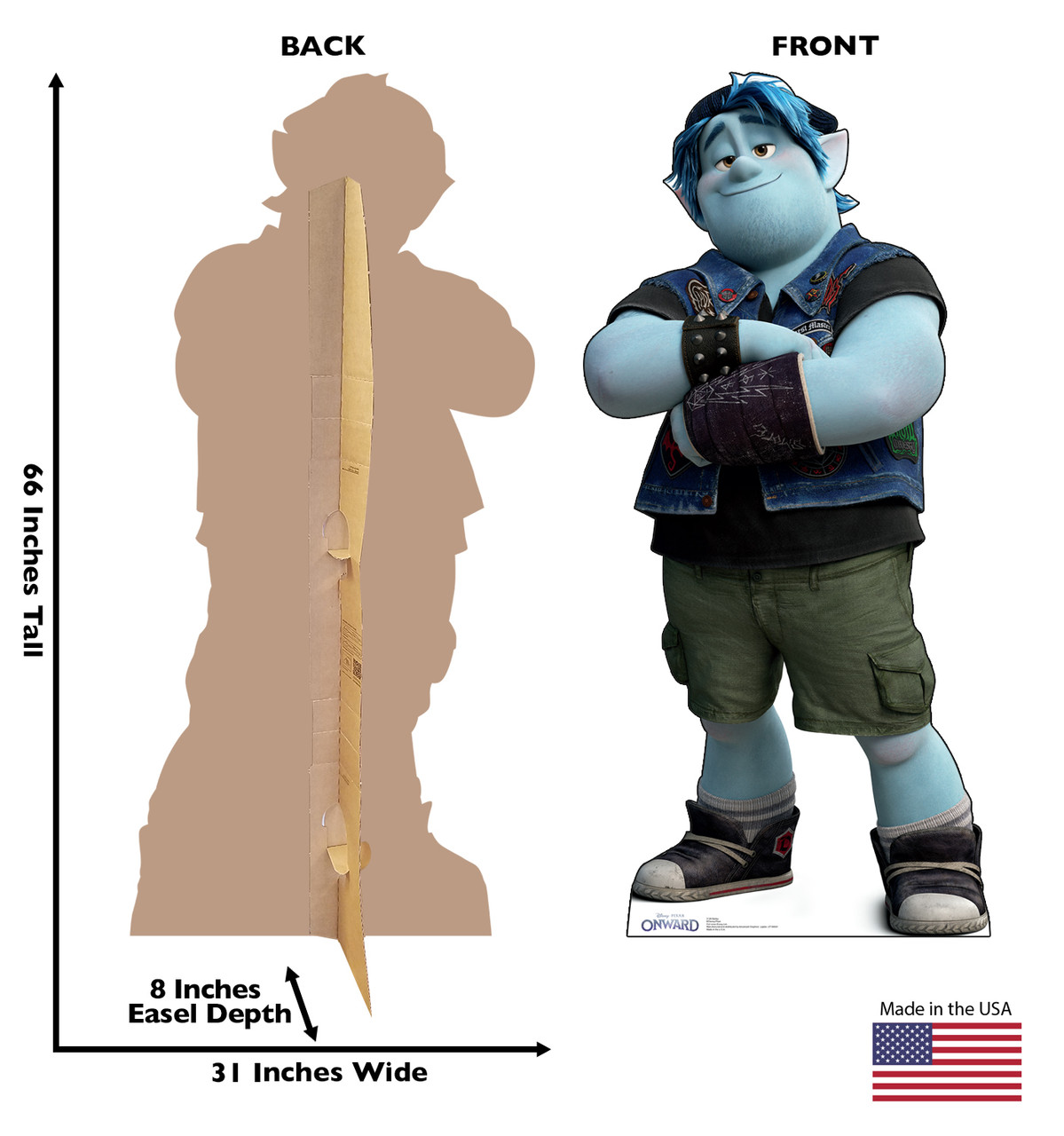 Life-size cardboard standee of Barley from Disney/Pixar's film Onward with front and back dimensions.