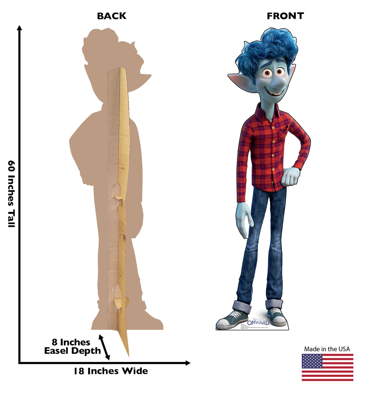 Life-size cardboard standee of Ian from Disney/Pixar's film Onward with front and back dimensions.