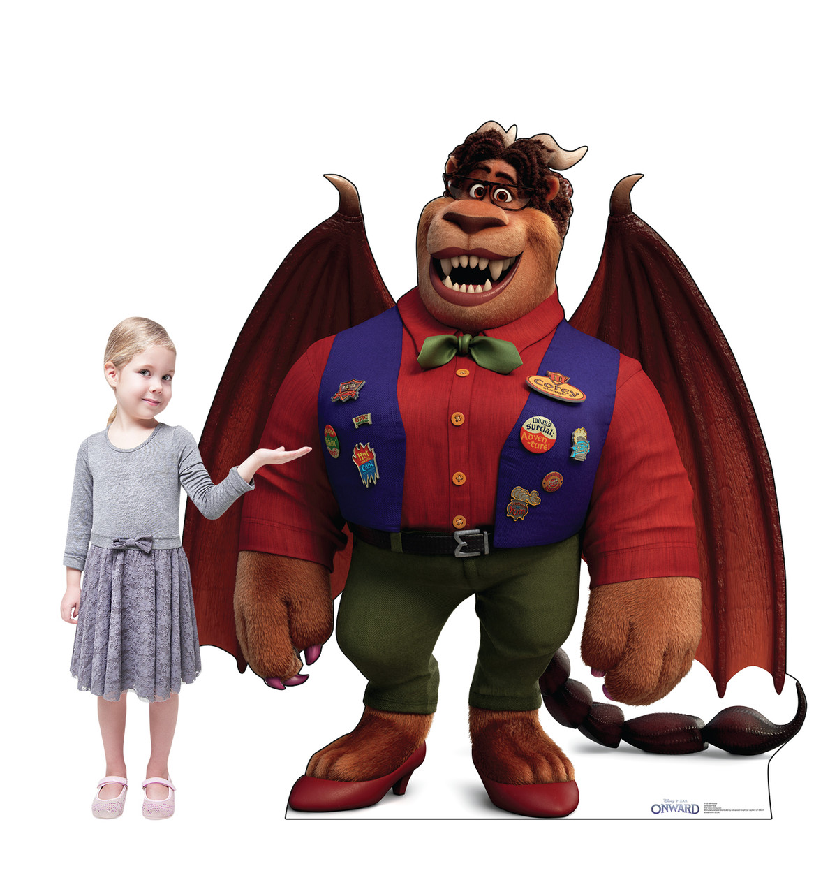 Life-size cardboard standee of Manticore from Disney/Pixar's film Onward with front and back dimensions.