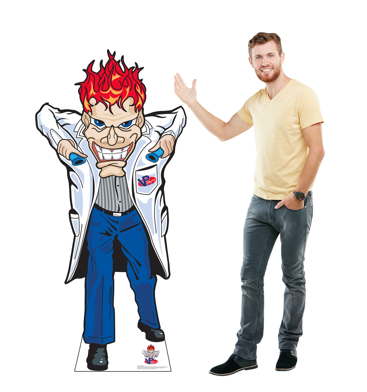 Life-size cardboard standee of a Mad Scientist from VP Racing Fuels with model.