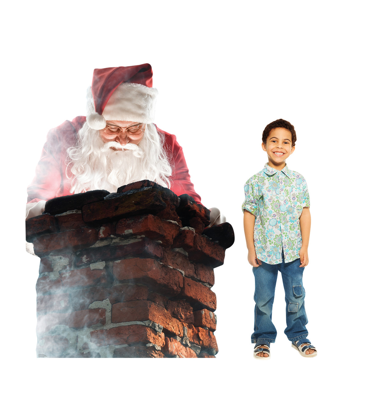 Life-size cardboard standee of Santa in a Chimney with model.