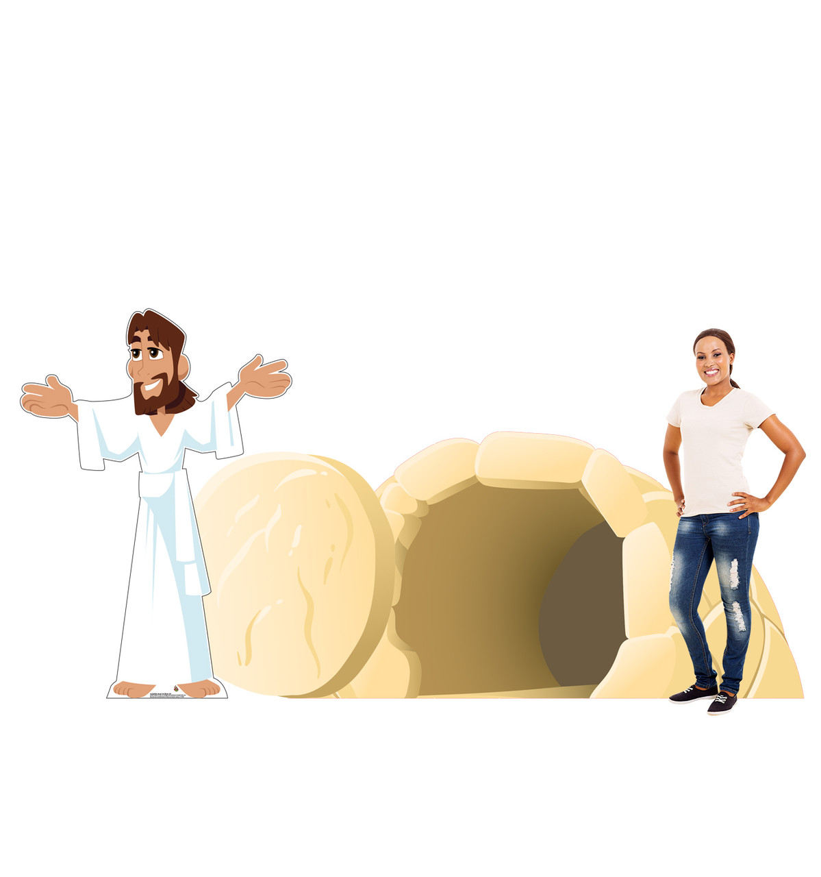 Life-size cardboard standee set of Easter_Jesus has Risen with model.