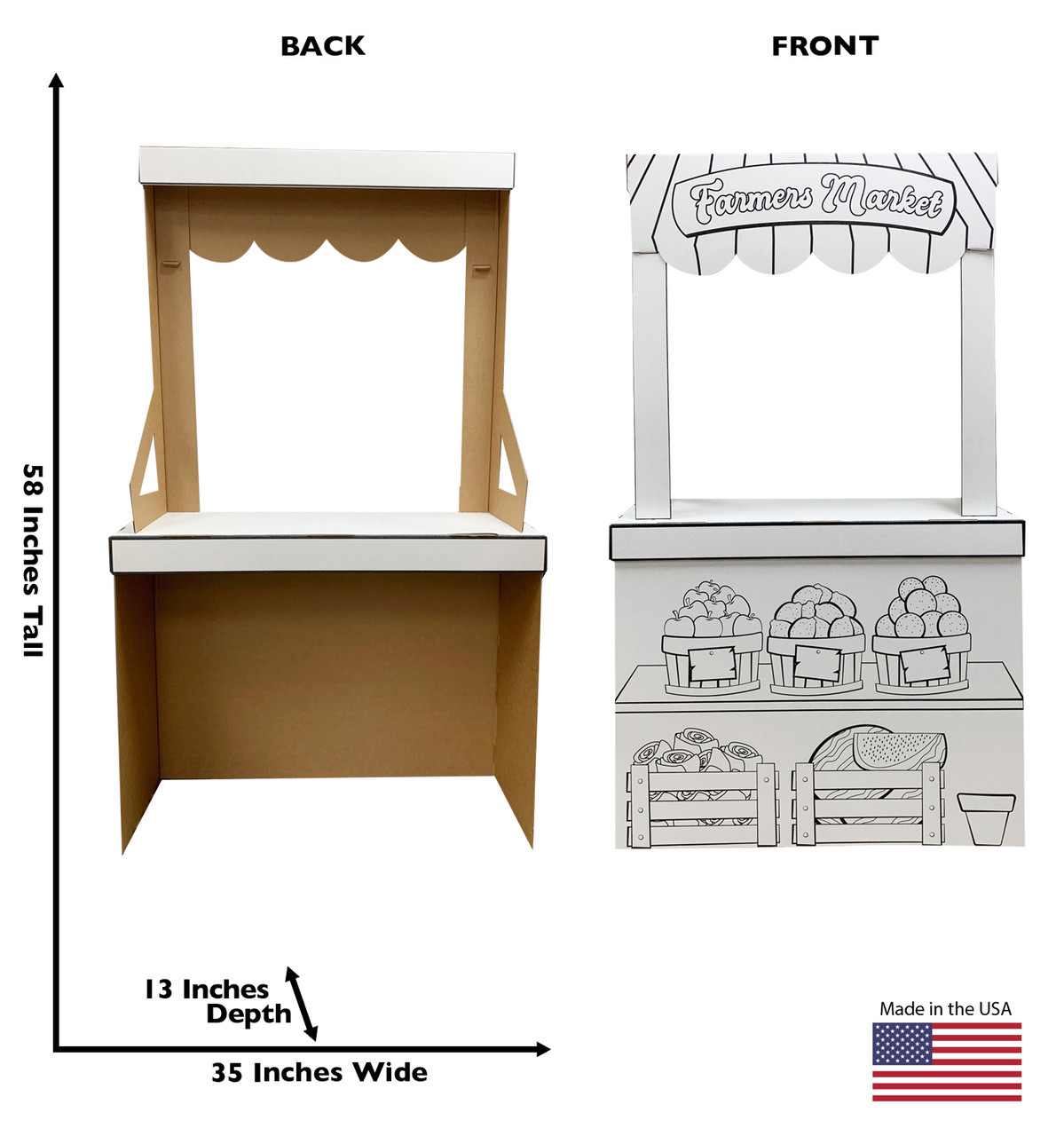 Life-size Color Me Farmers Market Stand with front and back dimensions.