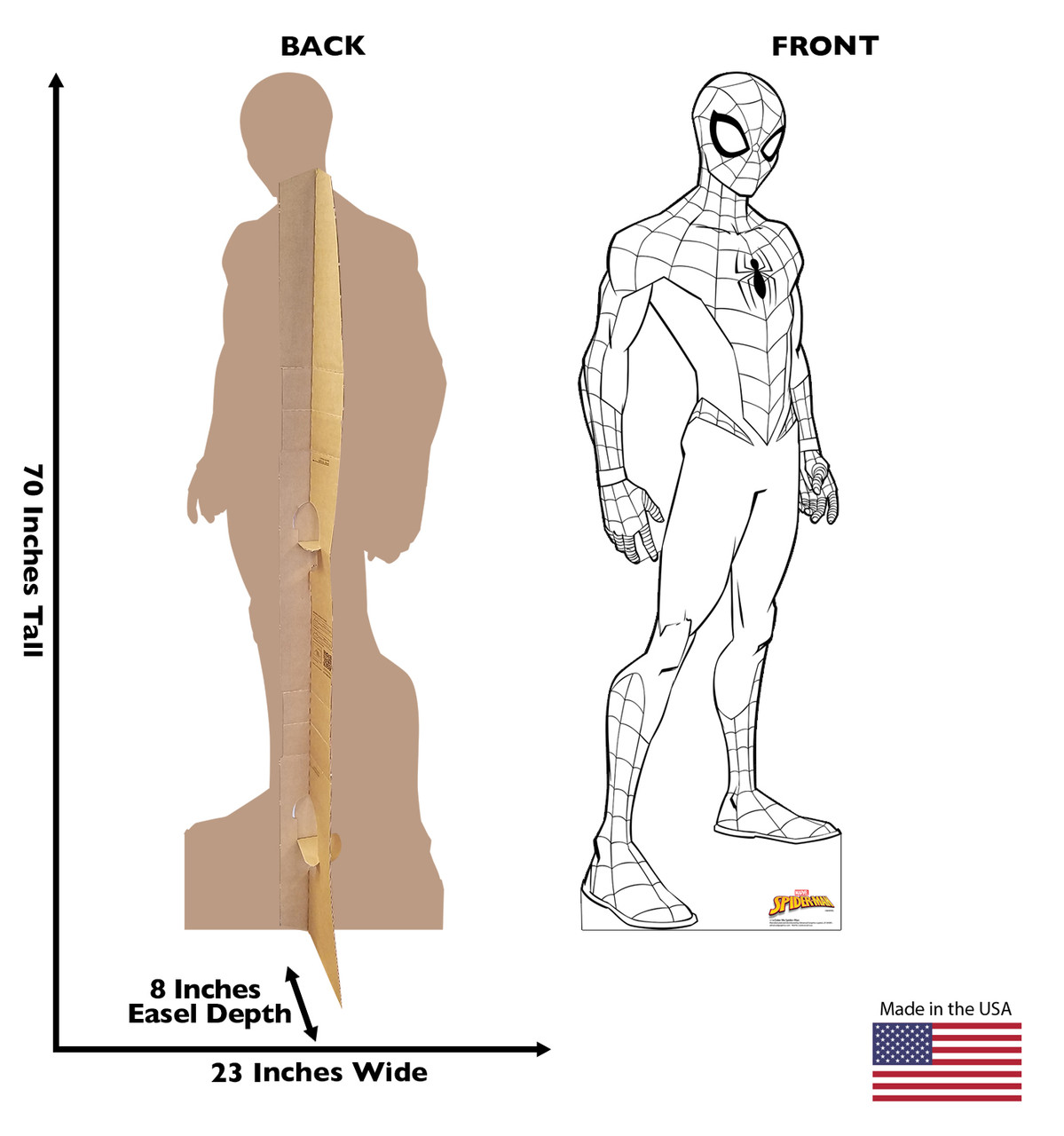 Life-size cardboard standee of Color Me Spider-Man from Marvel with front and back dimensions.