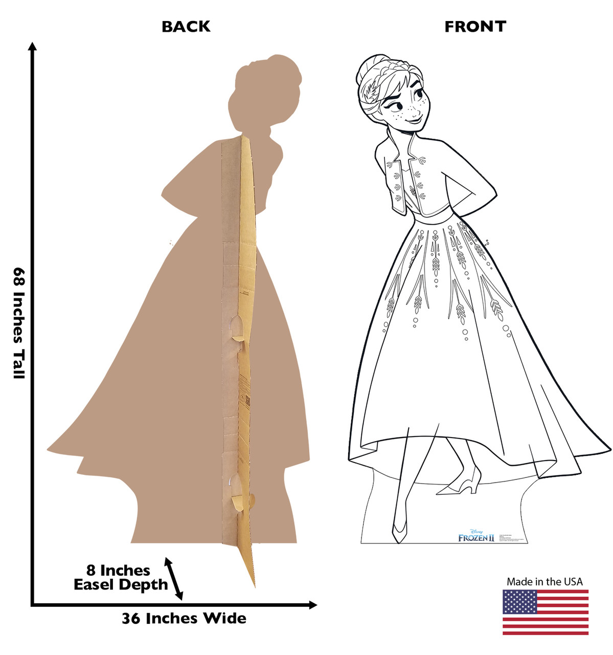 Life-size Color Me Anna Standee with front and back dimensions.