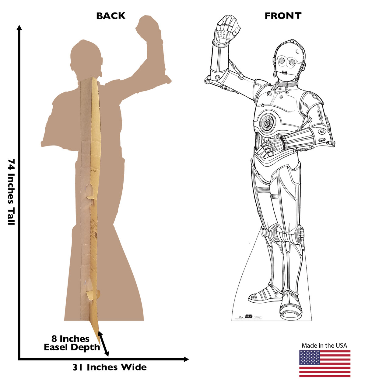 Life-size Color Me C-3PO Standee with front and back dimensions.