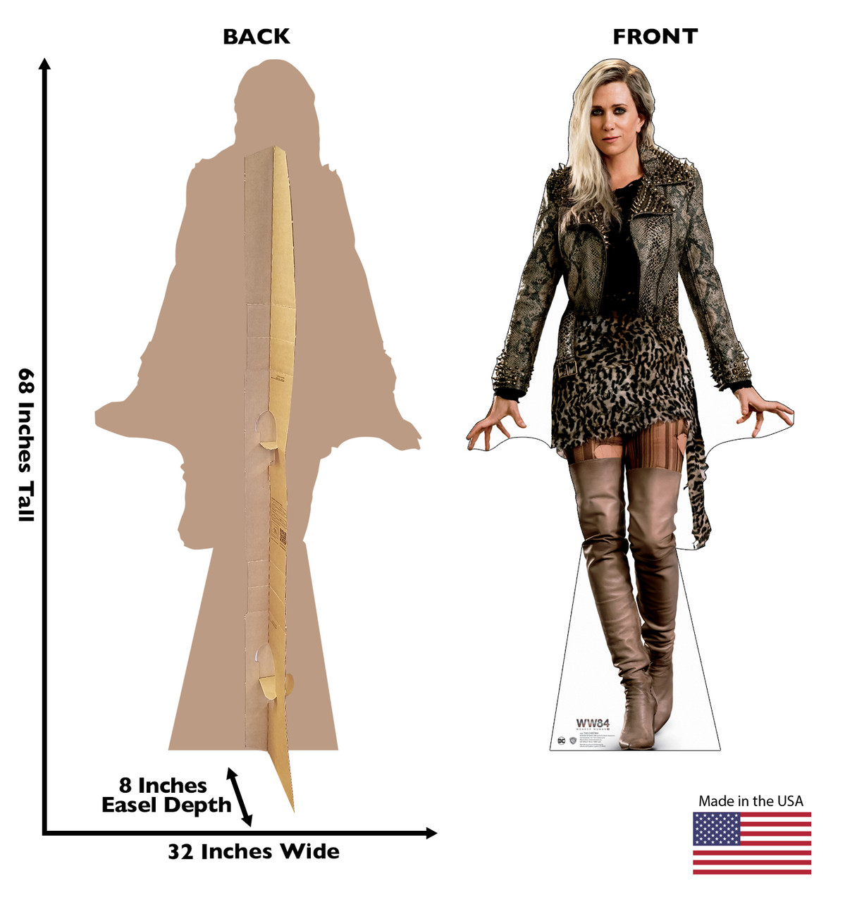 The Cheetah cardboard standee from the movie Wonder Woman 1984 with front and back dimensions.