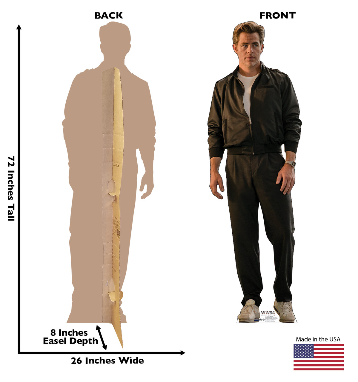 Steve Trevor cardboard standee from the movie Wonder Woman 1984 with front and back dimensions.